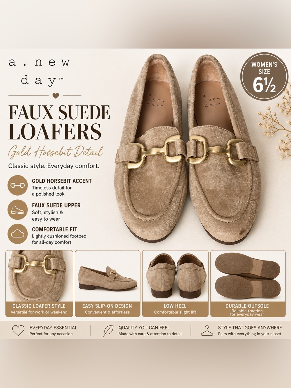 a new day Faux Suede Loafers in Light Brown with Gold Horsebit